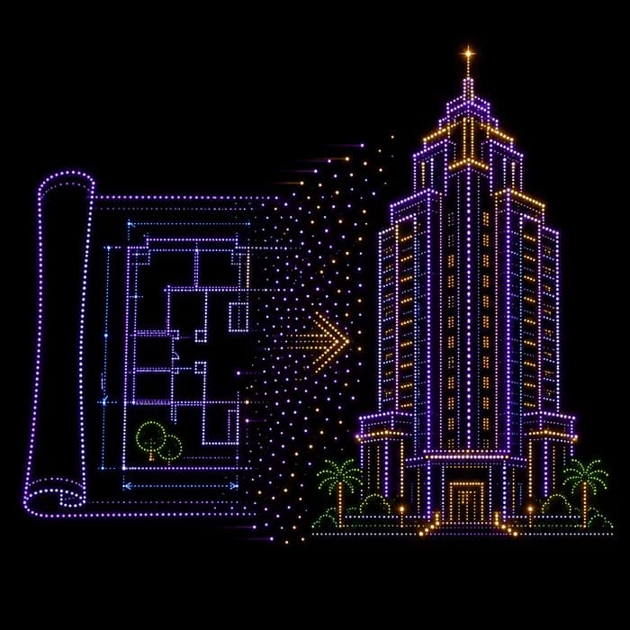 Blueprint To Building drone show figure made from glowing dots