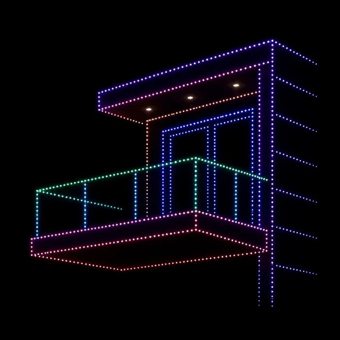 Building Balcony drone show figure made from glowing dots